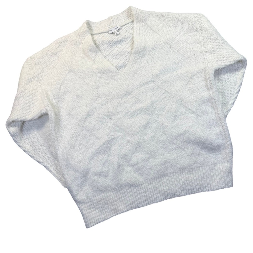 Topshop Cable Knit Sweater Womens S Cream White V-Neck‎ Relaxed Casual Pullover